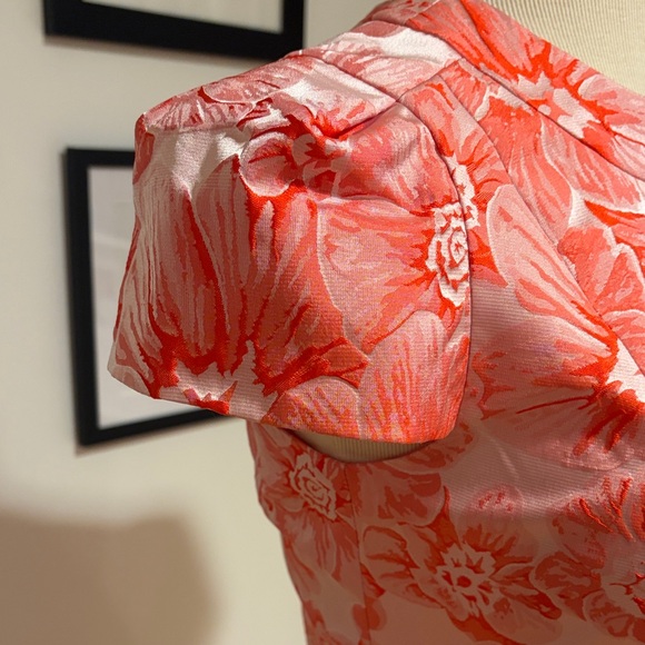 Carmen Marc Valvo Coral Pink Floral Jacquard Midi Dress - Picture 3 of 6